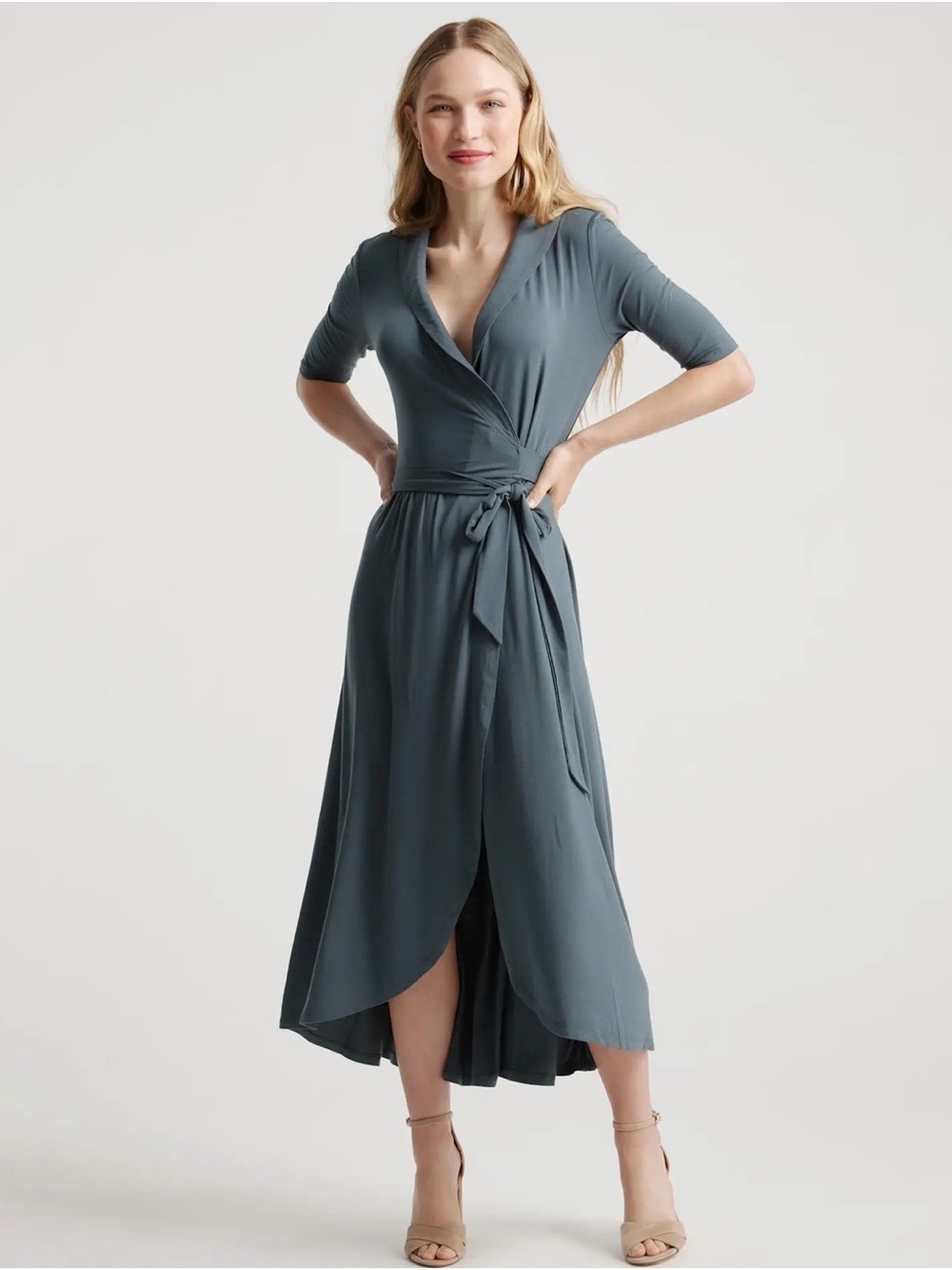 Quince Slate Olive Wrap Midi Dress